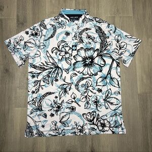 Men's White Floral Polo with Black & Light Blue Print